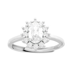 ANELLO HALO SOLITARIO OVALE CON ZIRCONE BIANCO CONTORNATO DA ZIRCONI BIANCHI IN ARGENTO 925 GALVANICA RODIO