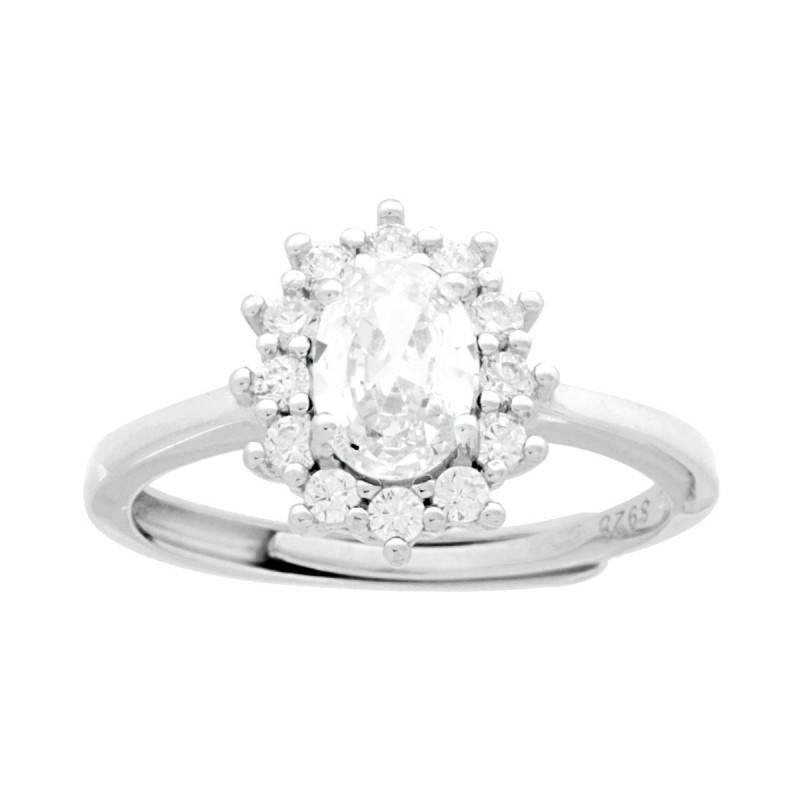ANELLO HALO SOLITARIO OVALE CON ZIRCONE BIANCO CONTORNATO DA ZIRCONI BIANCHI IN ARGENTO 925 GALVANICA RODIO