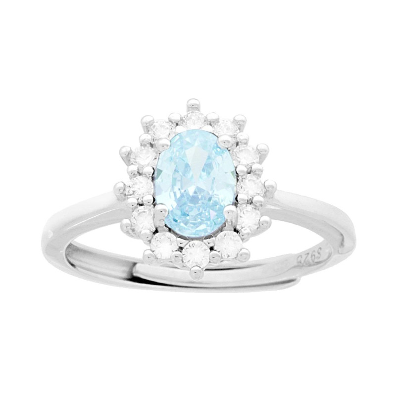 ANELLO HALO SOLITARIO OVALE CON ZIRCONE ACQUAMARINA CONTORNATO DA ZIRCONI BIANCHI IN ARGENTO 925 GALVANICA RODIO