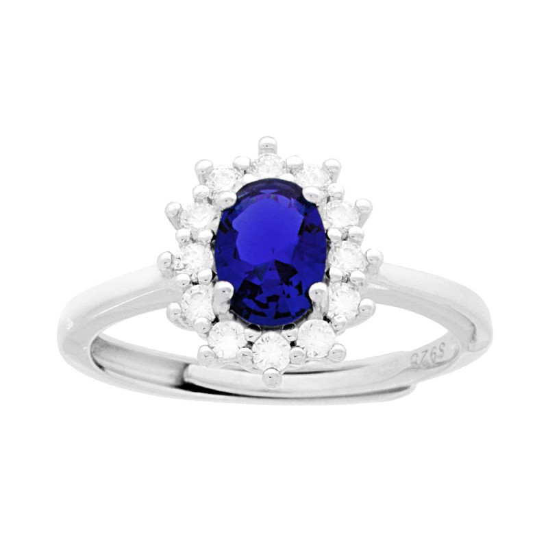 ANELLO HALO SOLITARIO OVALE CON ZIRCONE BLU ZAFFIRO CONTORNATO DA ZIRCONI BIANCHI IN ARGENTO 925 GALVANICA RODIO