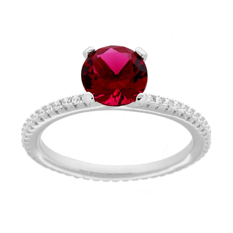 ANELLO SOLITARIO CON CUBIC ZIRCONIA ROSSO RUBINO E ZIRCONI BIANCHI IN ARGENTO 925 GALVANICA RODIO