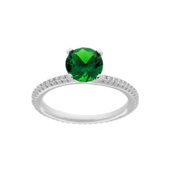 ANELLO SOLITARIO CON ZIRCONE VERDE SMERALDO E ZIRCONI BIANCHI IN ARGENTO 925 GALVANICA RODIO