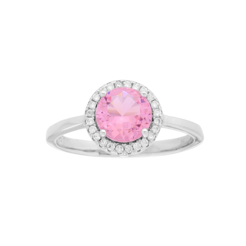 ANELLO HALO TONDO CON ZIRCONE ROSA CONTORNATO DA ZIRCONI BIANCHI IN ARGENTO 925 GALVANICA RODIO