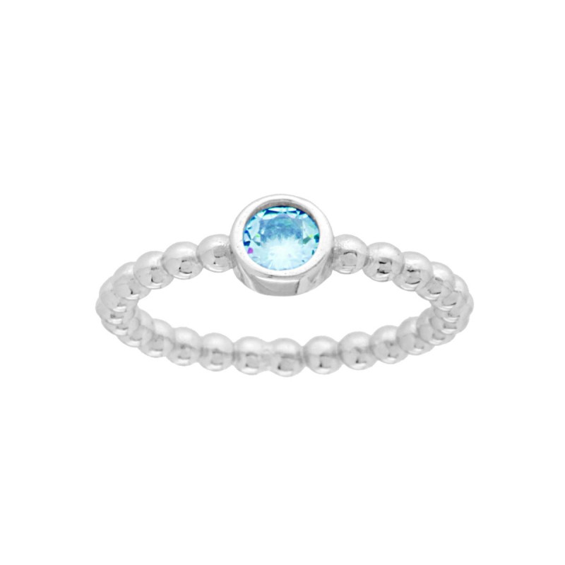 ANELLO PALLINATO CON ZIRCONE ACQUAMARINA IN ARGENTO 925 GALVANICA RODIO