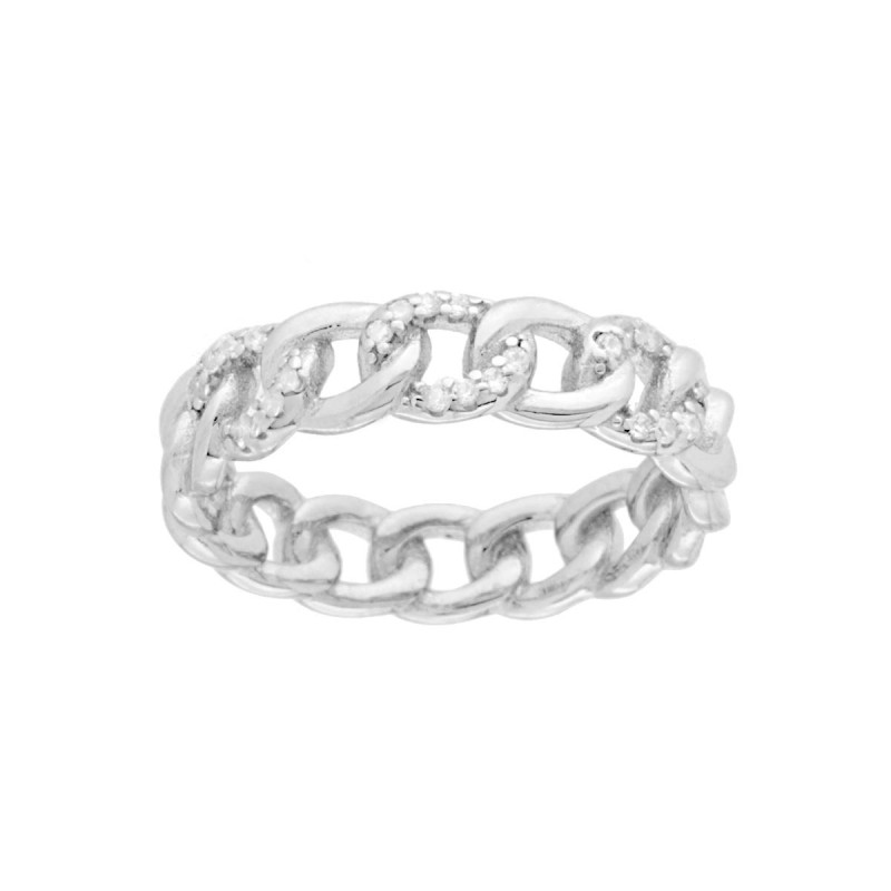Curb Chain Ring with White Zircons in 925 SILVER Rhodium Galvanic