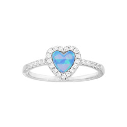 ANELLO CUORE OPALE CELESTE CONTORNATO DA ZIRCONI BIANCHI IN ARGENTO 925 GALVANICA RODIO