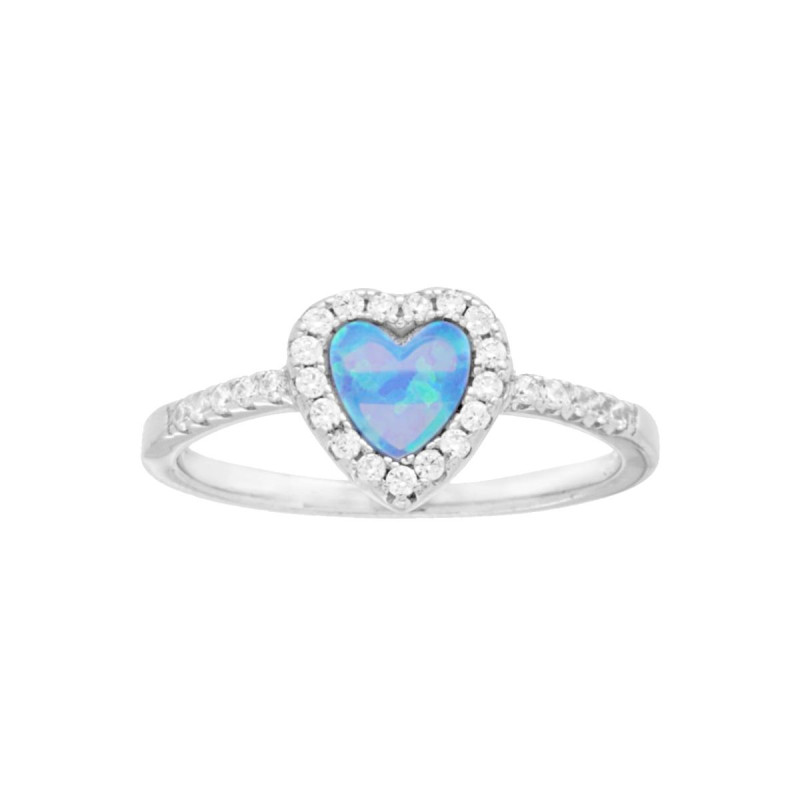 ANELLO CUORE OPALE CELESTE CONTORNATO DA ZIRCONI BIANCHI IN ARGENTO 925 GALVANICA RODIO