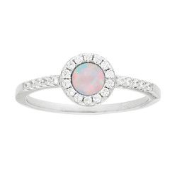 ANELLO SOLITARIO TONDO OPALE BIANCO CONTORNATO DA ZIRCONI BIANCHI IN ARGENTO 925 GALVANICA RODIO