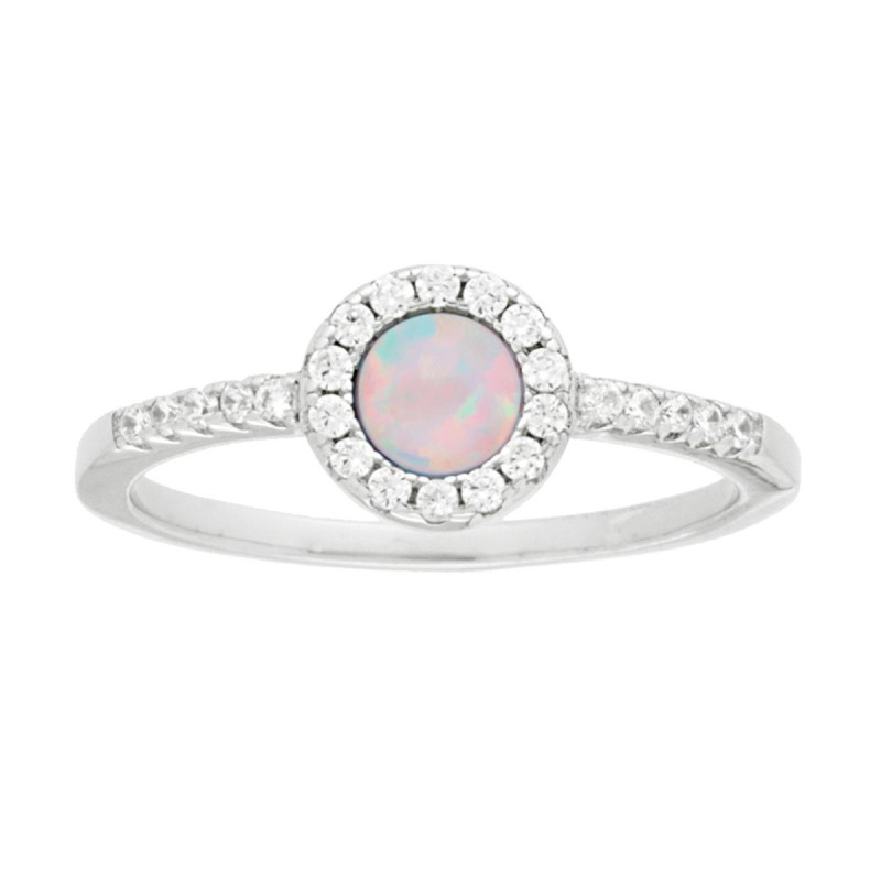 ANELLO SOLITARIO TONDO OPALE BIANCO CONTORNATO DA ZIRCONI BIANCHI IN ARGENTO 925 GALVANICA RODIO