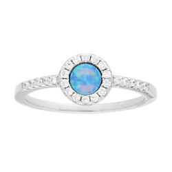 ANELLO TONDO OPALE CELESTE CONTORNATO DA ZIRCONI BIANCHI IN ARGENTO 925 GALVANICA RODIO