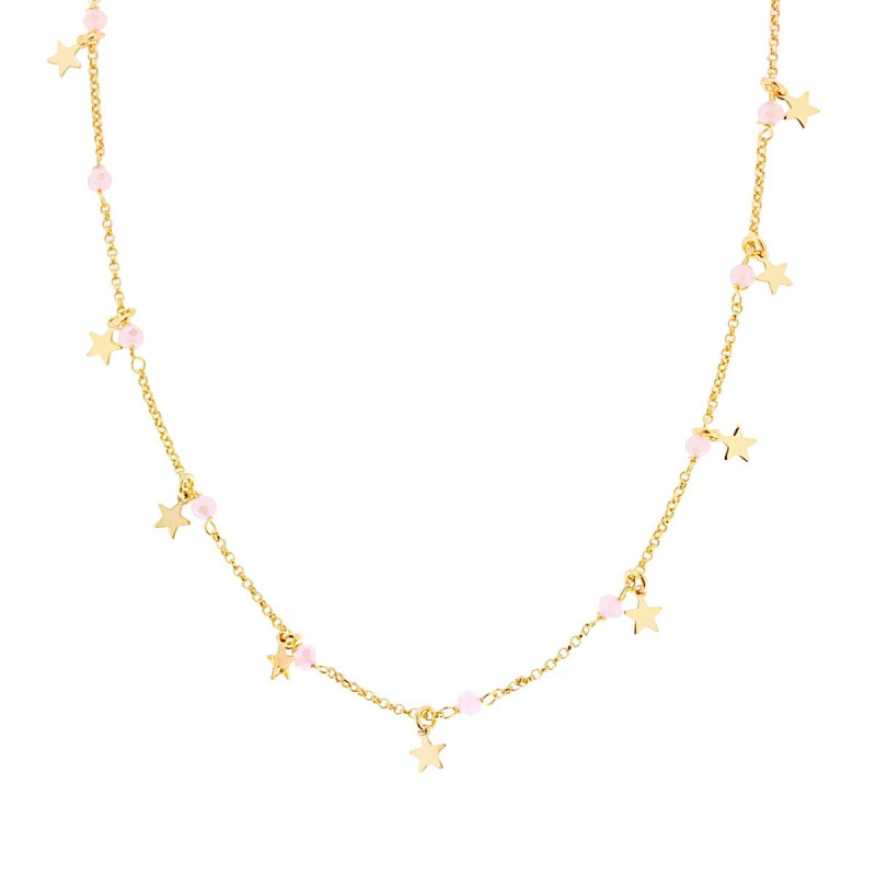 COLLANA CATENA ROLO DIAMANTATA CON STELLE PLAIN PENDENTI E CRYSTAL ROSA IN ARGENTO 925 GALVANICA ORO