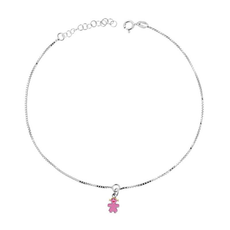 CAVIGLIERA CATENA VENEZIANA DIAMANTATA CM 24+3 CON BIMBA SMALTO ROSA IN ARGENTO 925 GALVANICA RODIO