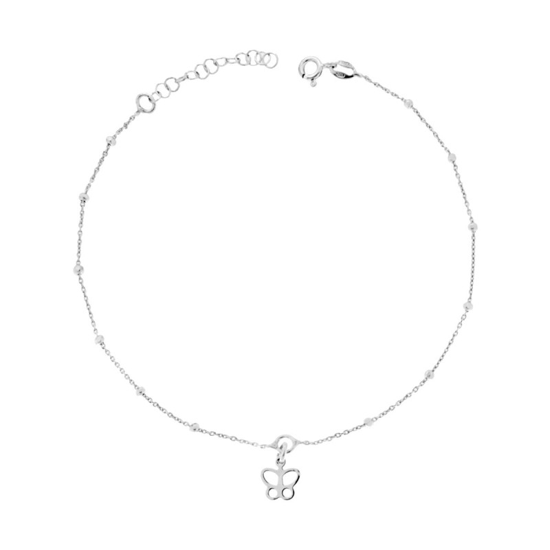 CAVIGLIERA CATENA FORZATINA CON PALLINE MM 2 DIAMANTATE E FARFALLA PENDENTE IN ARGENTO 925 GALVANICA RODIO