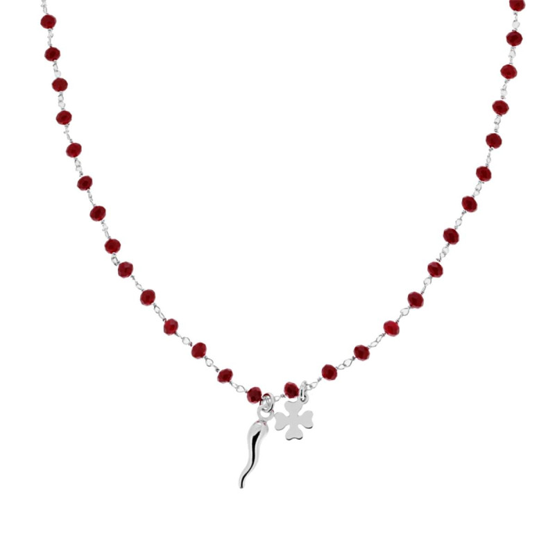 COLLANA CON CATENA CRYSTAL ROSSO CON CORNO E QUADRIFOGLIO PORTAFORTUNA PLAIN PENDENTI IN ARGENTO 925 GALVANICA RODIO