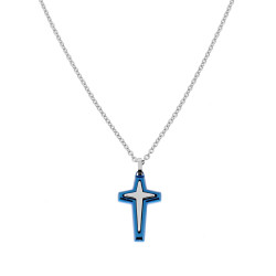 COLLANA CATENA FORZATINA DIAMANTATA CON CROCE BLU IN ACCIAIO