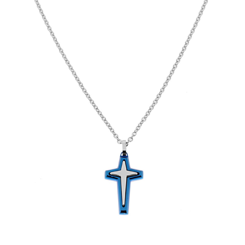 COLLANA CATENA FORZATINA DIAMANTATA CON CROCE BLU IN ACCIAIO