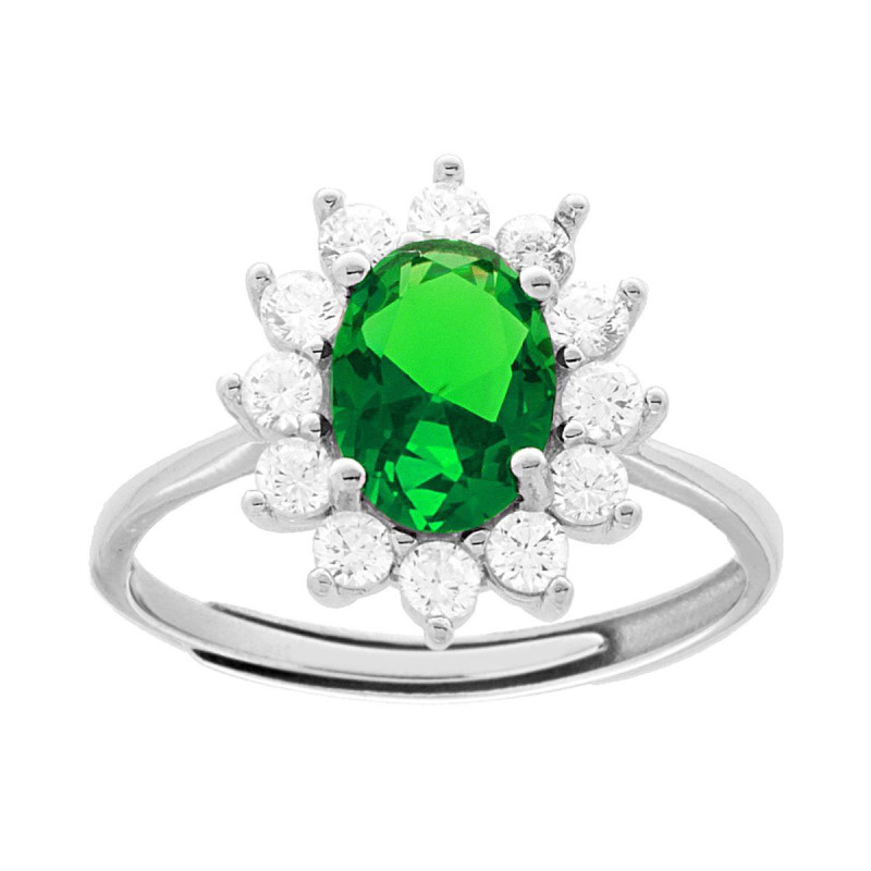 ANELLO HALO SOLITARIO CON ZIRCONE OVALE VERDE SMERALDO CONTORNATO DA ZIRCONI BIANCHI IN ARGENTO 925 GALVANICA RODIO