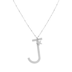 COLLANA LUNGA CATENA FORZATINA CON PALLINE CM 90 STELLA PLAIN E LETTERA INIZIALE IN ACCIAIO