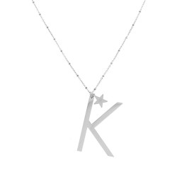 COLLANA LUNGA CATENA FORZATINA CON PALLINE CM 90 STELLA PLAIN E LETTERA INIZIALE IN ACCIAIO
