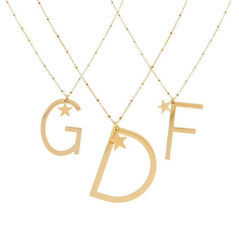 COLLANA LUNGA CATENA FORZATINA CON PALLINE CM 90 STELLA PLAIN E LETTERA INIZIALE GALVANICA ORO IN ACCIAIO