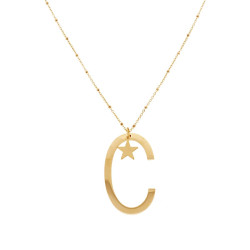 COLLANA LUNGA CATENA FORZATINA CON PALLINE CM 90 STELLA PLAIN E LETTERA INIZIALE GALVANICA ORO IN ACCIAIO