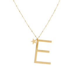 COLLANA LUNGA CATENA FORZATINA CON PALLINE CM 90 STELLA PLAIN E LETTERA INIZIALE GALVANICA ORO IN ACCIAIO