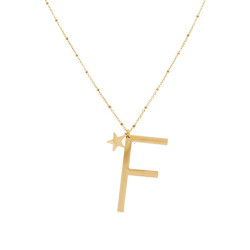 COLLANA LUNGA CATENA FORZATINA CON PALLINE CM 90 STELLA PLAIN E LETTERA INIZIALE GALVANICA ORO IN ACCIAIO