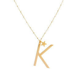COLLANA LUNGA CATENA FORZATINA CON PALLINE CM 90 STELLA PLAIN E LETTERA INIZIALE GALVANICA ORO IN ACCIAIO