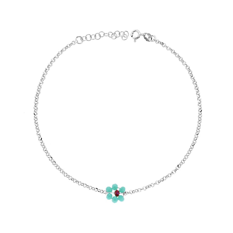 CAVIGLIERA CATENA ROLO DIAMANTATA CON FIORE CRYSTAL TURCHESE E BORDEAUX IN ARGENTO 925 GALVANICA RODIO