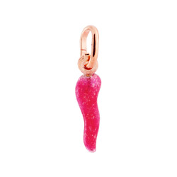 CIONDOLO PORTAFORTUNA CORNO MM 18 CON SMALTO FUCSIA GLITTER IN ARGENTO 925 GALVANICA ROSA