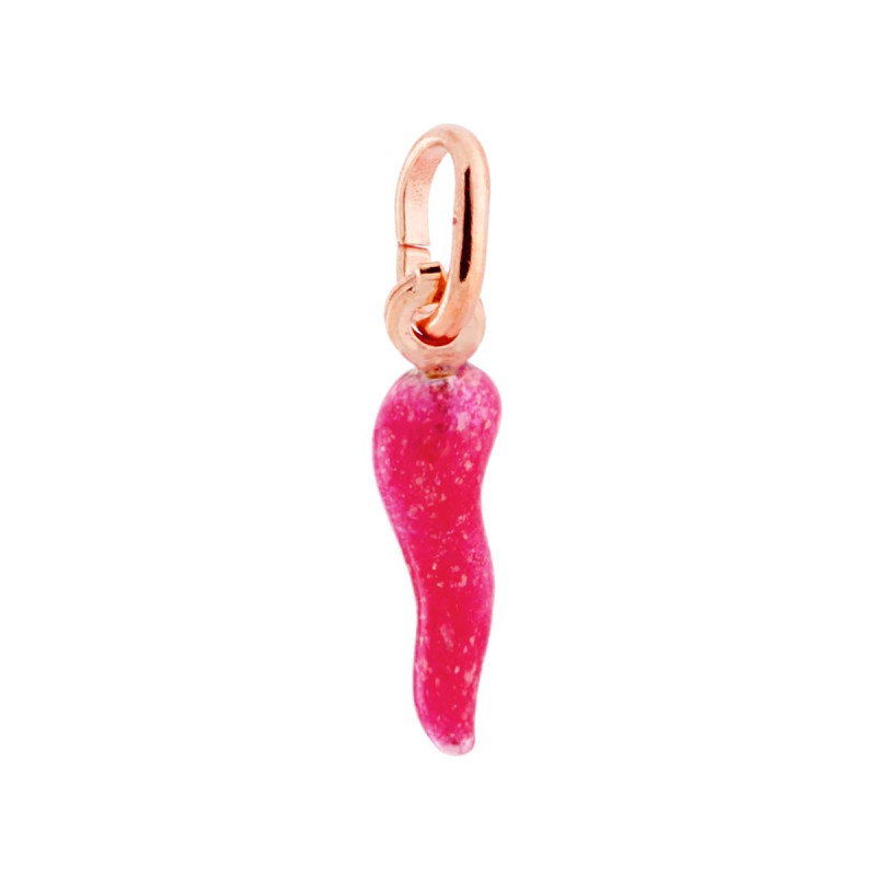 CIONDOLO PORTAFORTUNA CORNO MM 18 CON SMALTO FUCSIA GLITTER IN ARGENTO 925 GALVANICA ROSA