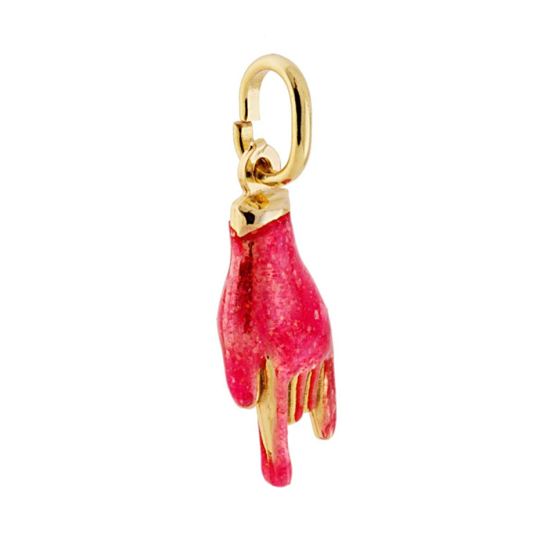 CIONDOLO PORTAFORTUNA MANO CORNA CON SMALTO GLITTER FUCSIA IN ARGENTO 925 GALVANICA ORO