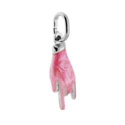 CIONDOLO PORTAFORTUNA MANO CORNA CON SMALTO ROSA PERLATO IN ARGENTO 925 GALVANICA RODIO