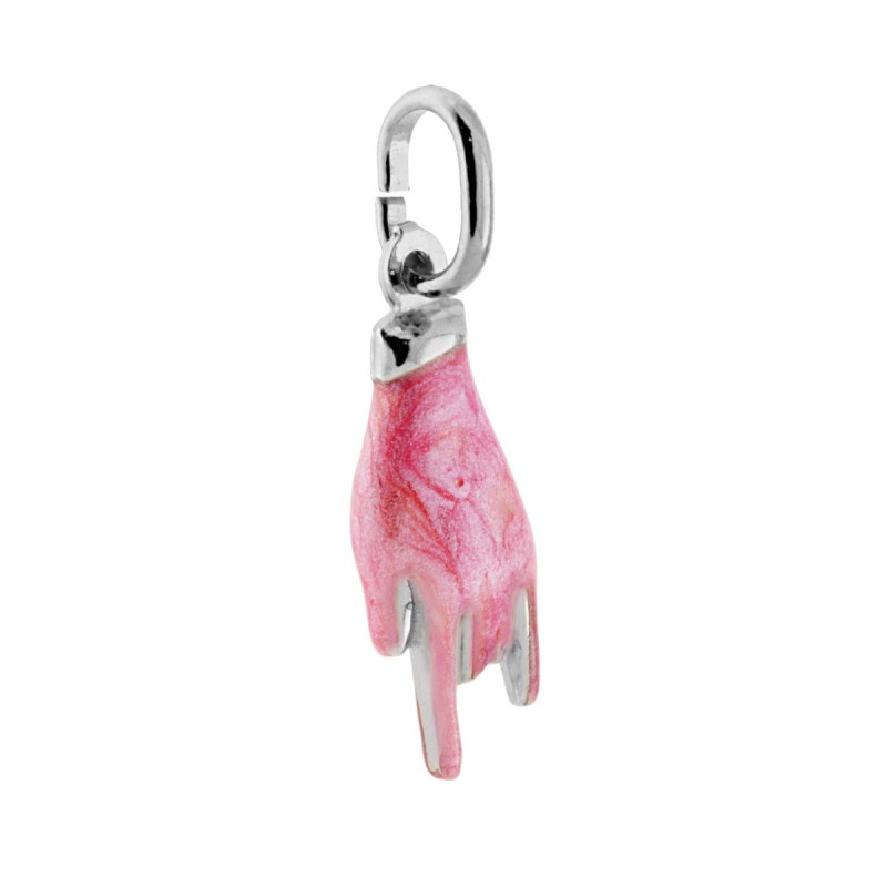 CIONDOLO PORTAFORTUNA MANO CORNA CON SMALTO ROSA PERLATO IN ARGENTO 925 GALVANICA RODIO
