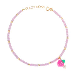 CAVIGLIERA CON PERLINE ROSA E PALLINE DIAMANTATE CON FRAGOLA PVC E PERLA PENDENTE IN ARGENTO 925 GALVANICA ORO
