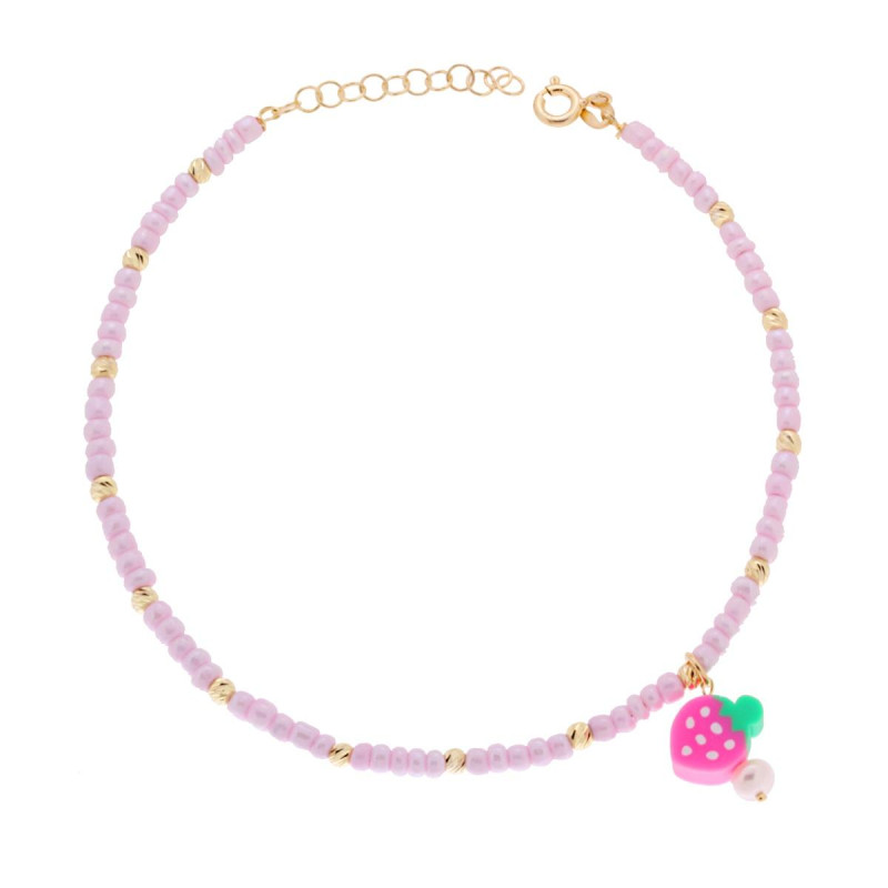 CAVIGLIERA CON PERLINE ROSA E PALLINE DIAMANTATE CON FRAGOLA PVC E PERLA PENDENTE IN ARGENTO 925 GALVANICA ORO