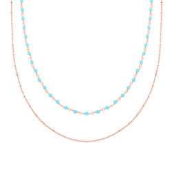 COLLANA DUE FILI CATENA FORZATINA CON CUBETTI DIAMANTATI A SPECCHIO E PERLINE AZZURRO IN ARGENTO 925 GALVANICA ROSA