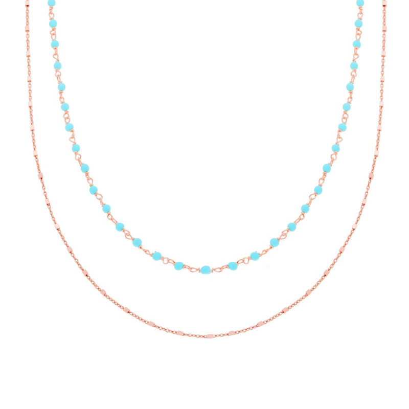 COLLANA DUE FILI CATENA FORZATINA CON CUBETTI DIAMANTATI A SPECCHIO E PERLINE AZZURRO IN ARGENTO 925 GALVANICA ROSA