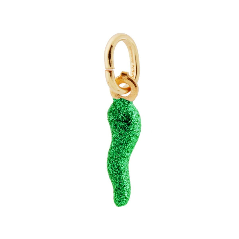 CIONDOLO PORTAFORTUNA CORNO MM 18 CON SMALTO VERDE GLITTER IN ARGENTO 925 GALVANICA ORO