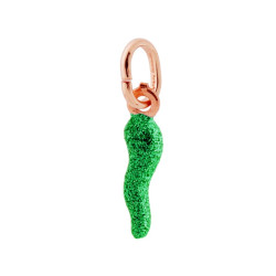 CIONDOLO PORTAFORTUNA CORNO MM 18 CON SMALTO VERDE GLITTER IN ARGENTO 925 GALVANICA ROSA