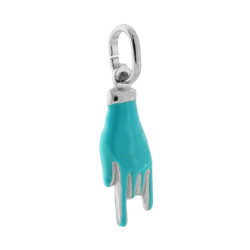 CIONDOLO PORTAFORTUNA MANO CORNA CON SMALTO TURCHESE IN ARGENTO 925 GALVANICA RODIO