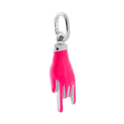 CIONDOLO PORTAFORTUNA MANO CORNA CON SMALTO ROSA SHOCK FLUO IN ARGENTO 925 GALVANICA RODIO