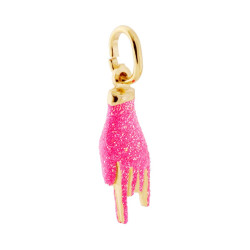 CIONDOLO PORTAFORTUNA MANO CORNA CON SMALTO ROSA GLITTER IN ARGENTO 925 GALVANICA ORO