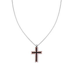 COLLANA CATENA VENEZIANA TONDA CON CROCE ROSA E CRYSTAL NERI IN ACCIAIO