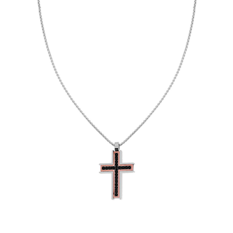 COLLANA CATENA VENEZIANA TONDA CON CROCE ROSA E CRYSTAL NERI IN ACCIAIO