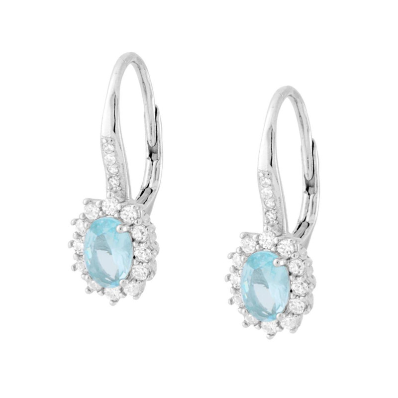 ORECCHINI MONACHELLA OVALE ACQUAMARINA CONTORNATO CON ZIRCONI BIANCHI IN ARGENTO 925 GALVANICA RODIO