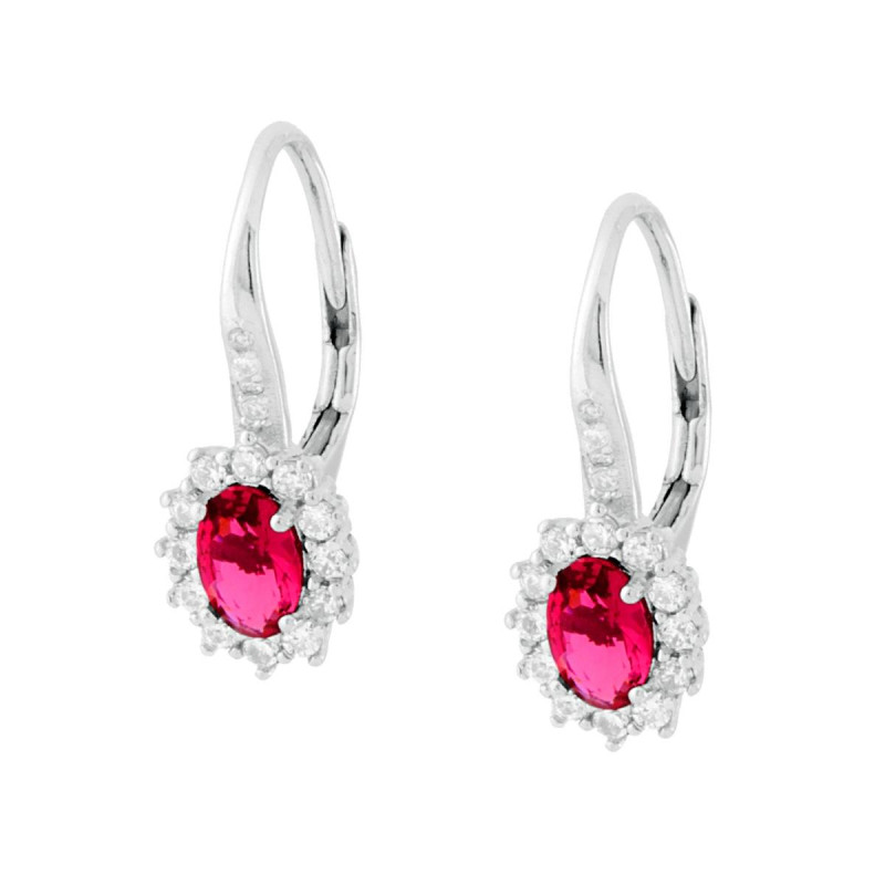 ORECCHINI MONACHELLA OVALE ROSSO RUBINO CONTORNATO DA ZIRCONI BIANCHI IN ARGENTO 925 GALVANICA RODIO
