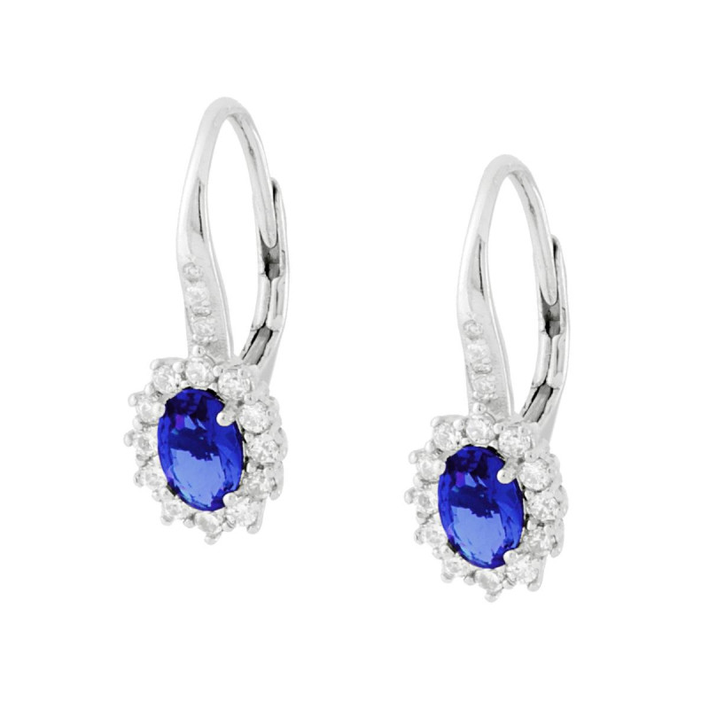ORECCHINI MONACHELLA OVALE BLU ZAFFIRO CONTORNATO CON ZIRCONI BIANCHI IN ARGENTO 925 GALVANICA RODIO