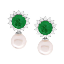 ORECCHINI TONDI CON PIETRE NATURALI VERDE SMERALDO CONTORNATE DA ZIRCONI BIANCHI E PERLA NATURALE PENDENTE IN ARGENTO 925 GALVAN