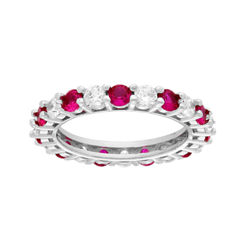 ANELLO ETERNITY VERETTA A GIRO CON CUBIC ZIRCONIA ALTERNATI BIANCHI E ROSSO RUBINO IN ARGENTO 925 GALVANICA RODIO